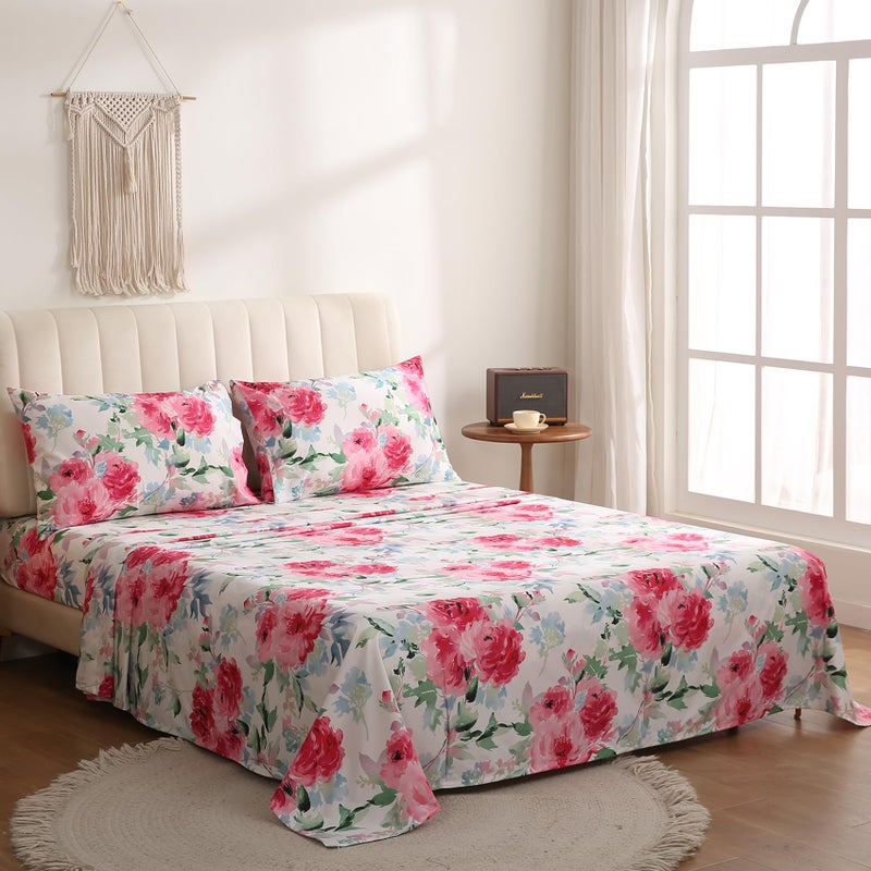 JSD Watercolor Rose Floral Sheet Set Queen Size, 4 Piece Soft Printed Microfiber Sheets Extra Deep Pocket - Image 4